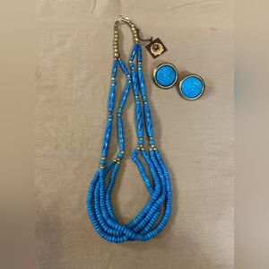 Carol for Eva Graham Vtg Beaded Turquoise Necklace & Pierced Earrings India NWT